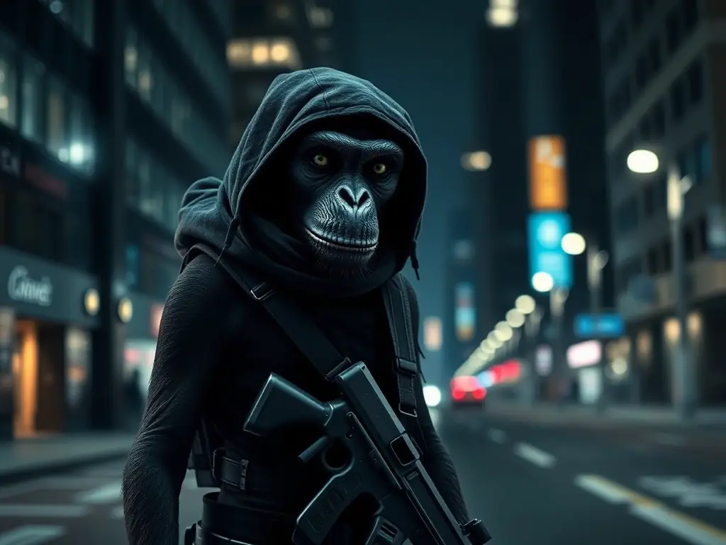 A sleek and minimalist 'Stealth Ops' monkey skin, clad in tactical gear and dark colors, blending seamlessly into a nighttime urban environment within the game. The skin emphasizes stealth and precision.