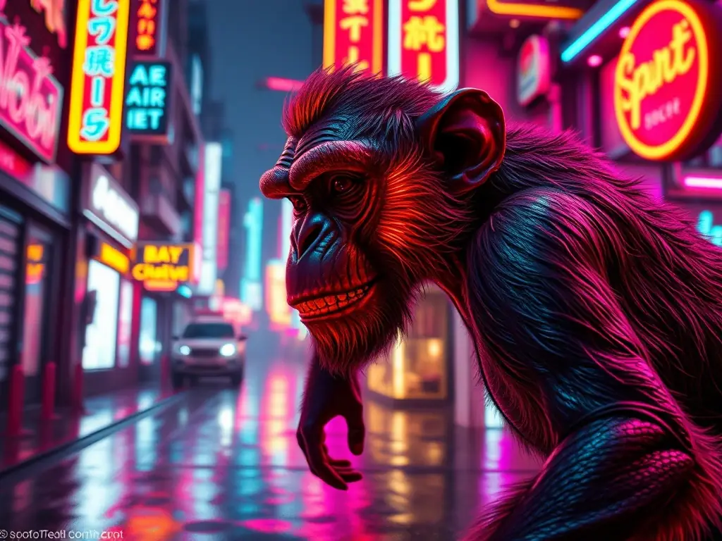 A vibrant in-game screenshot featuring a highly detailed and sought-after 'Cyberpunk' monkey skin, showcasing its neon colors and futuristic design within a popular online game. The skin is animated, highlighting its dynamic features.